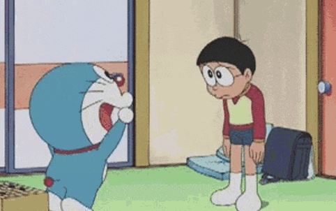 doraemon and nobita are standing next to each other in a room and looking at each other .