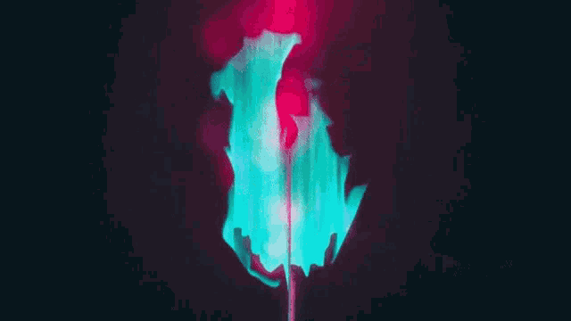 a painting of a flower with a green and red glowing petal on a black background .