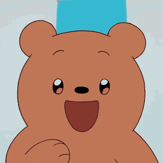 a brown teddy bear with a blue hat on his head is smiling