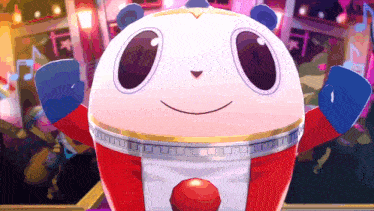 a cartoon character is wearing a red white and blue outfit and has a red button on his chest