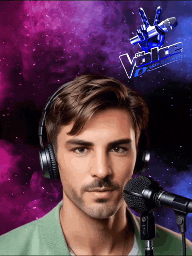 a man wearing headphones stands in front of a microphone with a logo for the voice in the background