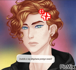 a man with red hair has a red cross on his forehead and says " znudziło ci się oddychanie prostym nosem "