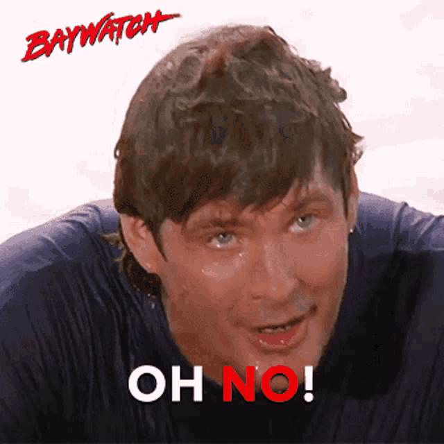 a man in a blue shirt says oh no on his face
