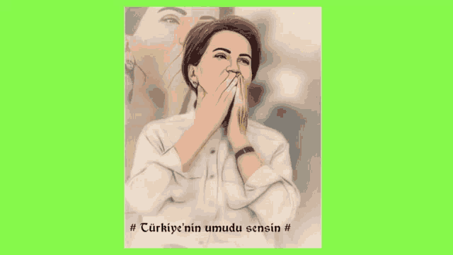 a drawing of a woman covering her mouth with her hands and a sun behind her