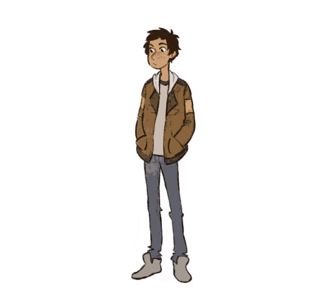 a cartoon of a man wearing a brown jacket and blue jeans