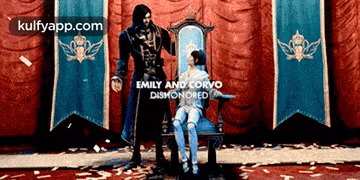 emily and corvo from dishonored are standing next to each other in a room