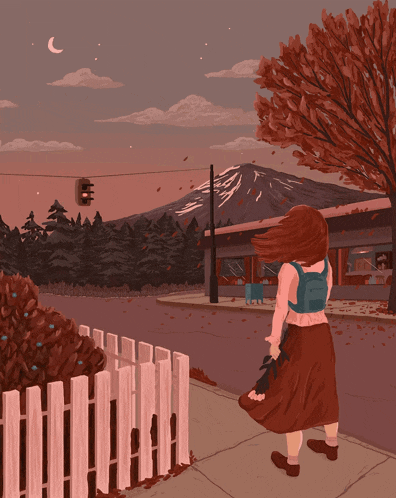 an illustration of a girl walking down a sidewalk
