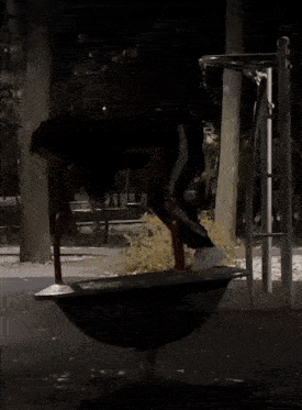 a person is playing on a seesaw in a dark park