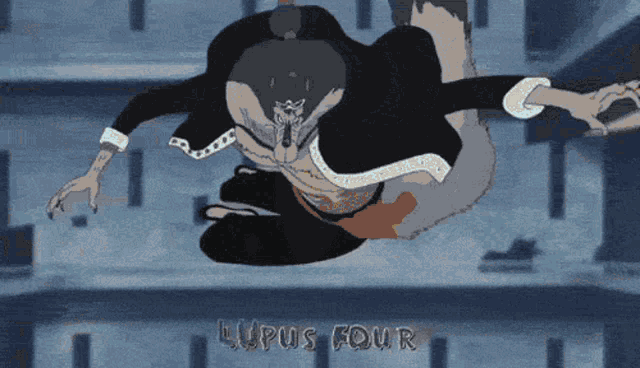 a cartoon character is flying through the air with the words lupus four written on the bottom