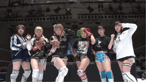 a group of female wrestlers are posing for a picture with one wearing a shirt that says ' ncw '
