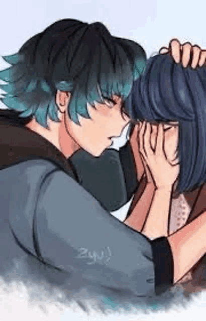 a man and a woman are hugging each other .