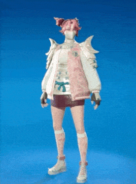 a girl with pink hair is wearing a pink jacket and gloves