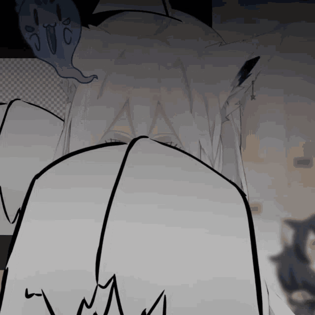 a drawing of a white cat with a ghost coming out of its ear