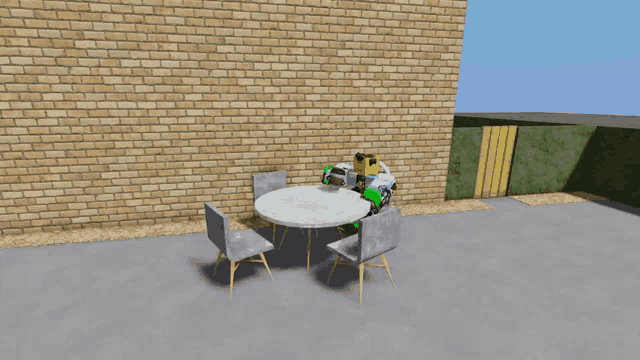 a computer generated image of a table and chairs outside of a brick building