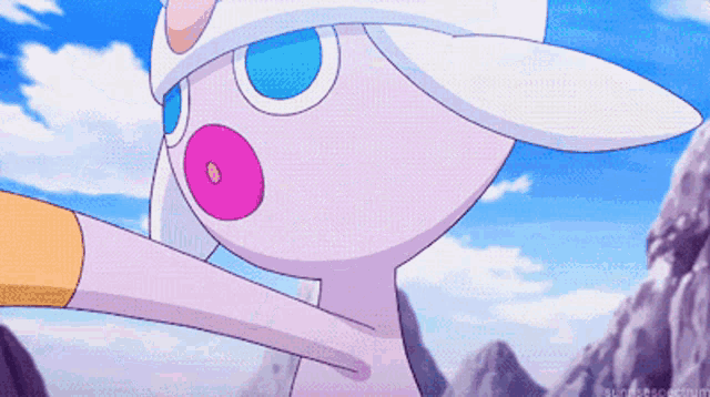 a cartoon drawing of a rabbit with a pink nose and blue eyes