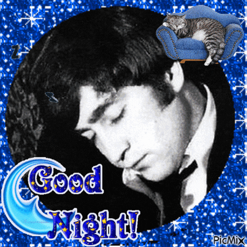 a picture of a man with a cat sleeping on a couch with the words good night