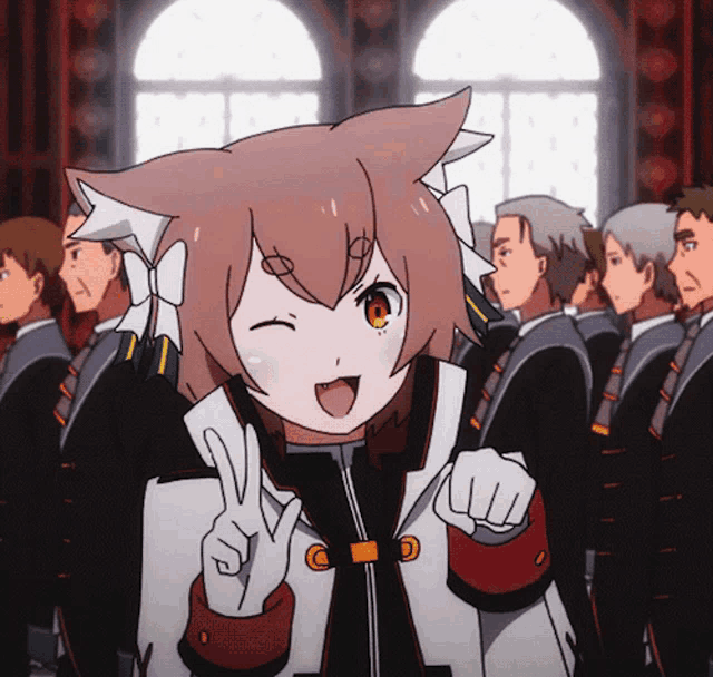 a girl with a cat ear is giving the peace sign