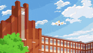 a pixel art drawing of a building with a clock on the top of it