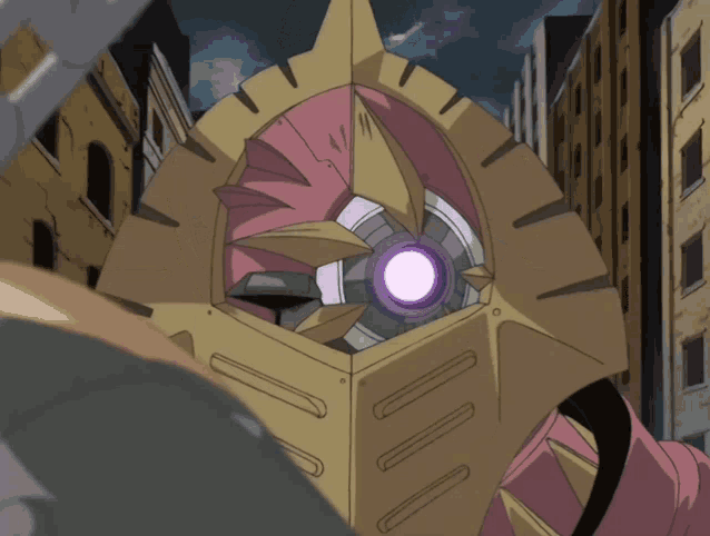 a cartoon drawing of a robot with a purple light in the middle