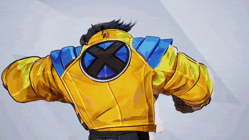 a man in a yellow jacket with a blue x on it