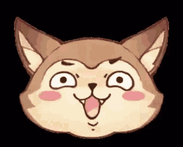 a close up of a cartoon cat 's face with its tongue hanging out on a black background .