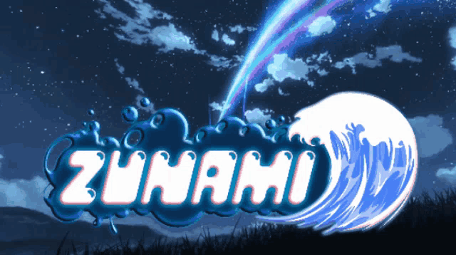 the word tsunami is on a blue background with a wave