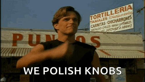 a man says we polish knobs in front of tortilleria