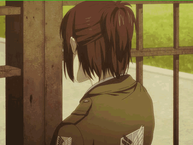 a girl with a ponytail is standing in front of a gate