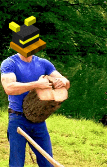a man with a bee hat on his head is holding a log