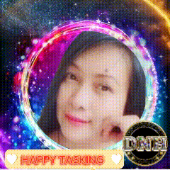 a picture of a woman in a colorful circle with the words happy tasking