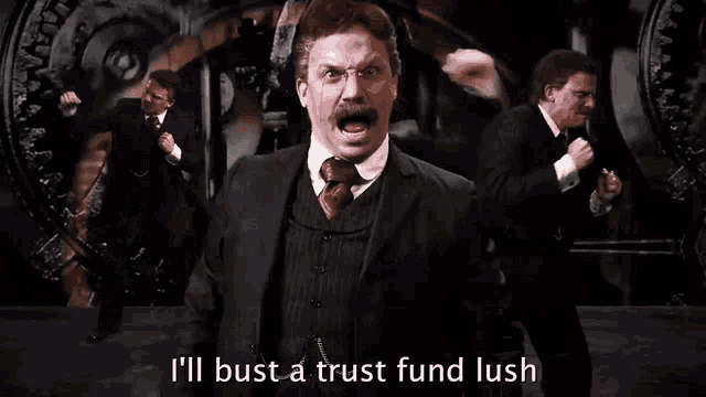 a man in a suit says with my american muscles in front of a machine