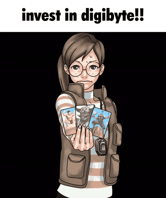 a cartoon of a woman holding a camera with the words invest in digibyte
