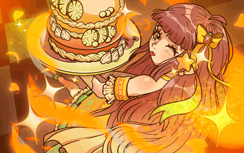 a cartoon drawing of a girl with long hair holding a cake