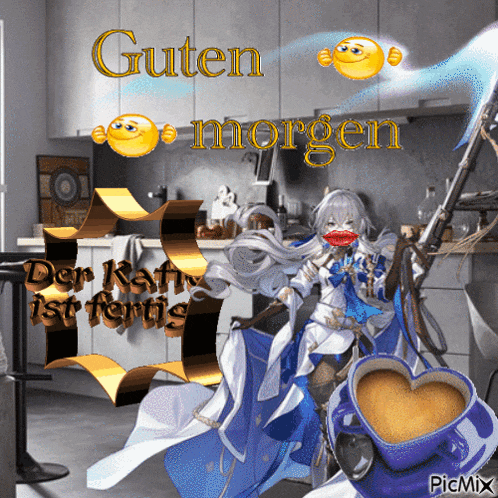 a picture of a girl with a cup of coffee and the words guten morgen on the top