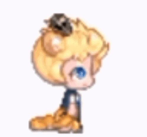 a cartoon character with blonde hair and blue eyes is kneeling down with a teddy bear .