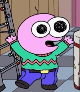 a cartoon character with big eyes and a green sweater is standing in a room .