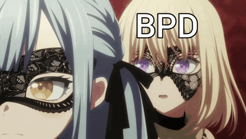 two anime girls wearing masks with the word bpd written above them