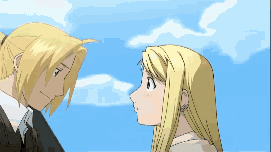 a man and a woman are looking at each other against a blue sky
