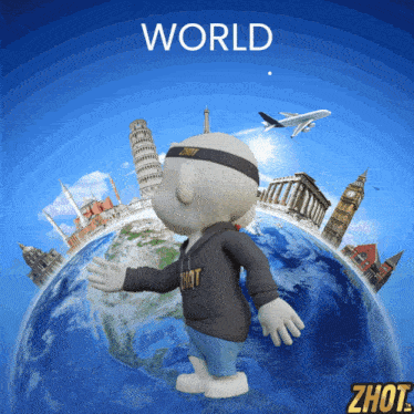 a cartoon character is standing in front of a globe with the word world written above him