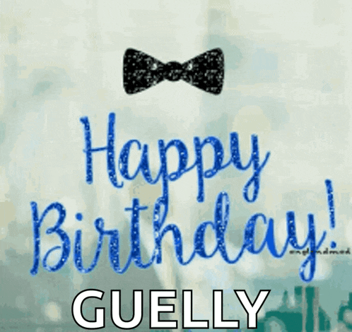 a sign that says happy birthday guellly with a bow tie on it