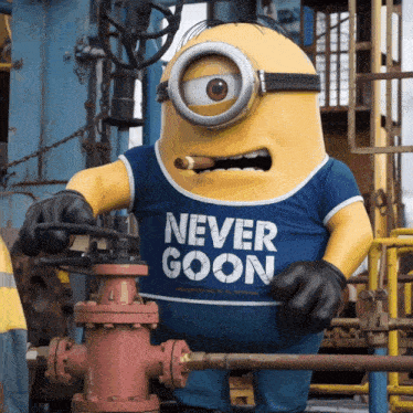 a minion smoking a cigar and wearing a shirt that says " never goon "