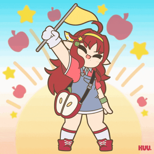 a cartoon drawing of a girl holding a yellow flag and a bag that looks like an apple