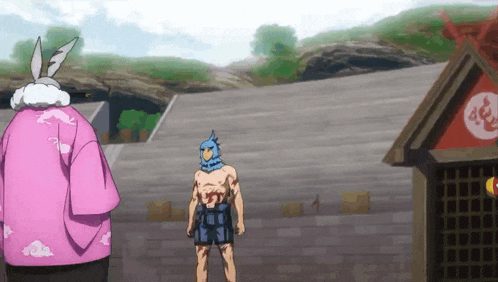 a man with a blue bird on his head is standing next to a pink rabbit