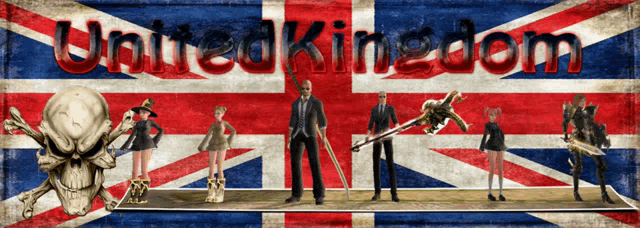 a group of people standing in front of a british flag and the words united kingdom
