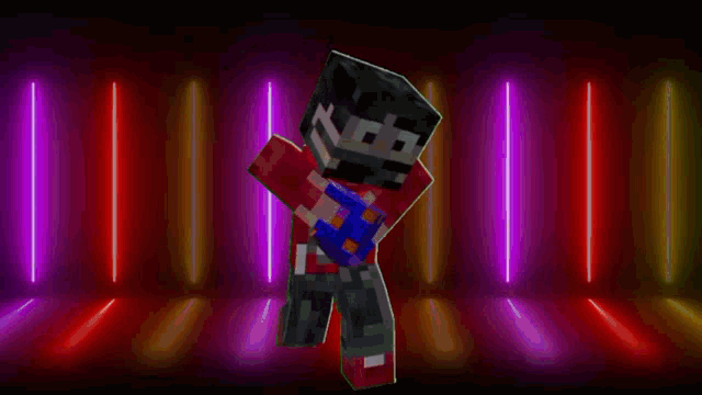 a minecraft character is dancing in a room with neon lights