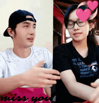 a man and a woman are sitting next to each other with the words " miss you " on the bottom right