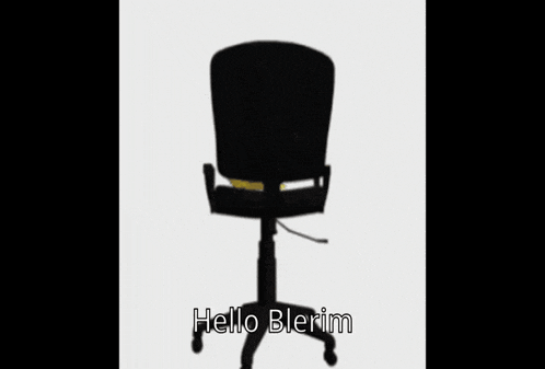 a yellow pikachu is sitting on a black chair with the words hello blerim written below it
