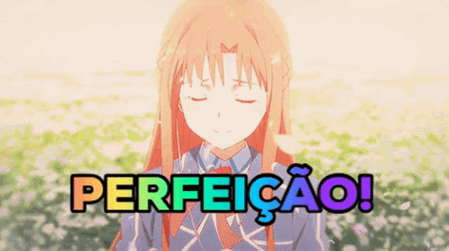 a girl with long red hair is smiling in front of a field of flowers and the word perfeitao is written in rainbow colors