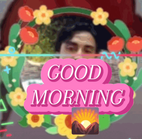 a pink sign that says good morning with a picture of a man