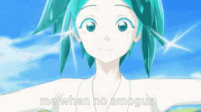a picture of a girl with turquoise hair and the words me when no amagus